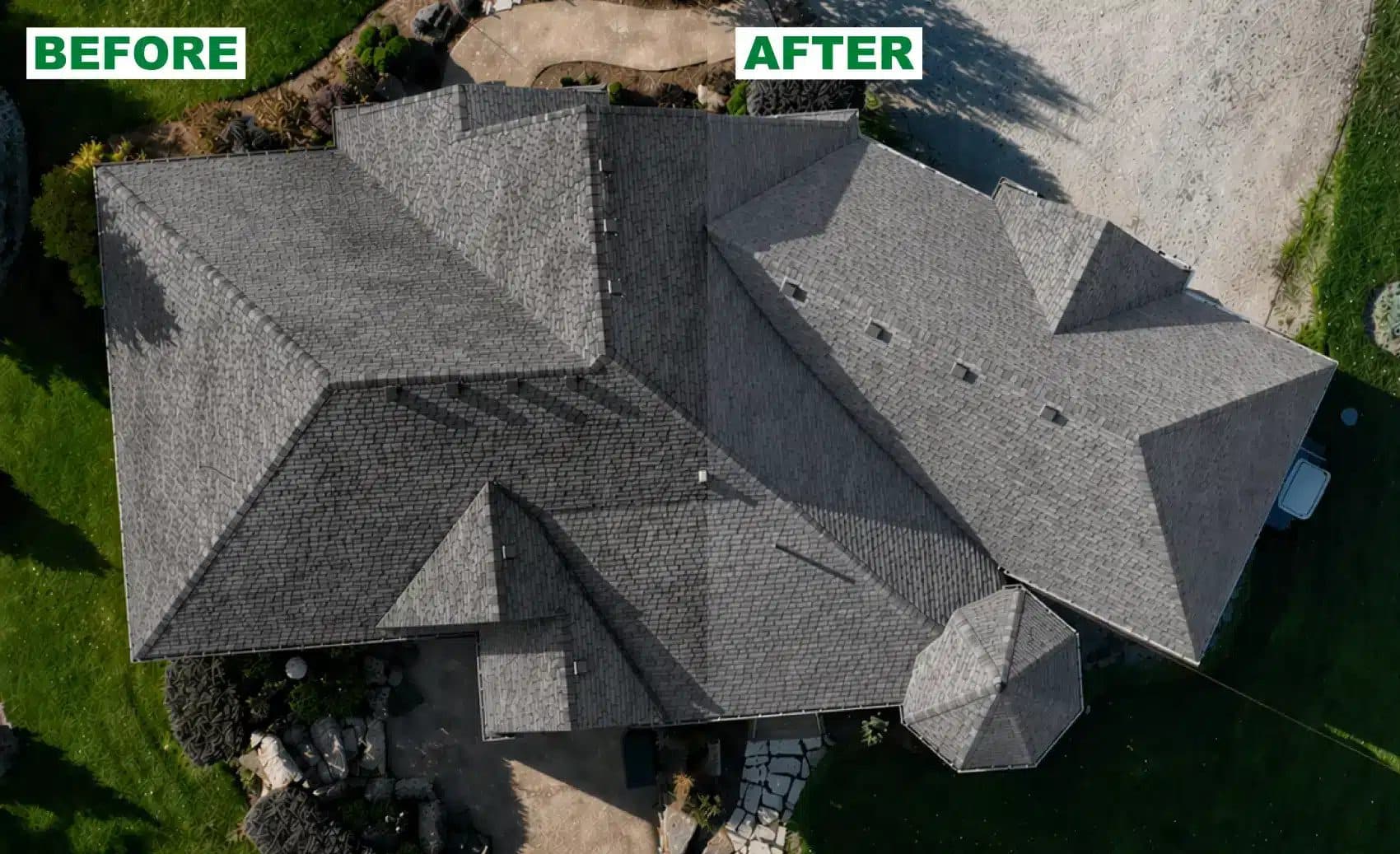 Side-by-side aerial comparison of a shingle roof before and after Reactiv8 treatment
