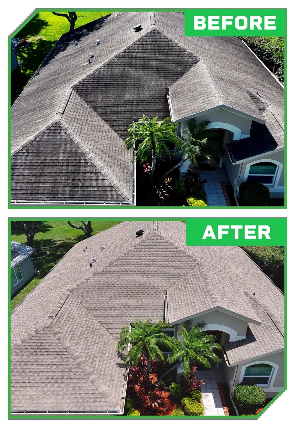 Stacked comparison of a shingle roof before and after Reactiv8 treatment